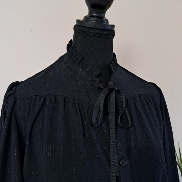 DKNY Women's Lurex Blouse Black Long Sleeve Ruffle Top Medium NWOT - Picture 7 of 12
